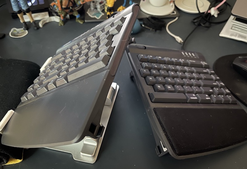 A picture of my Kinesis Freestyle2 macOS keyboard with the left side mounted on a makeshift stand